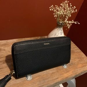 Fossil Tara Clutch Wallet Black Genuine Leather